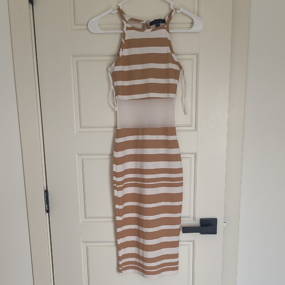 Snap Tan & White Striped Halter Midi with Sheer Midriff